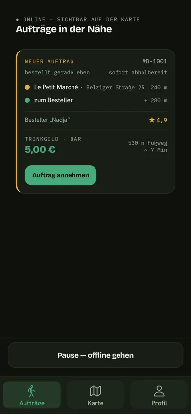 App (German UI): jobs nearby with distance and tip