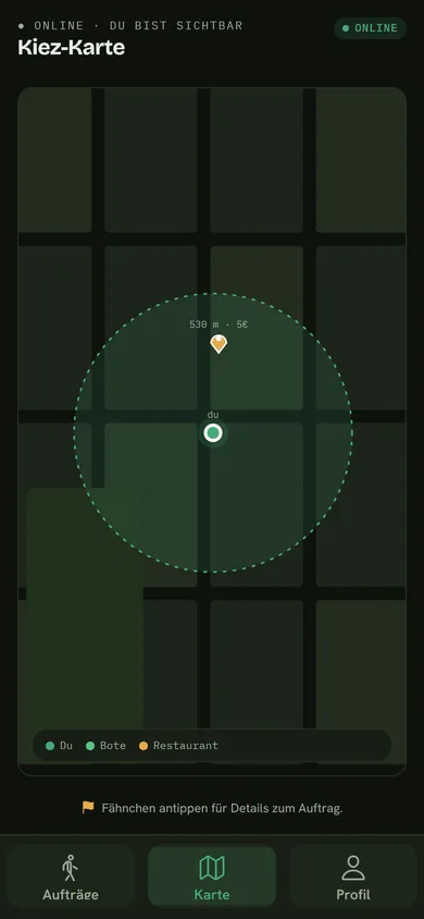 App (German UI): neighborhood map with a 500-meter circle around the runner