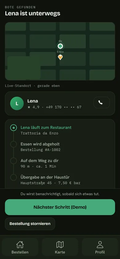 App (German UI): Lena is on her way – live map and progress until handover