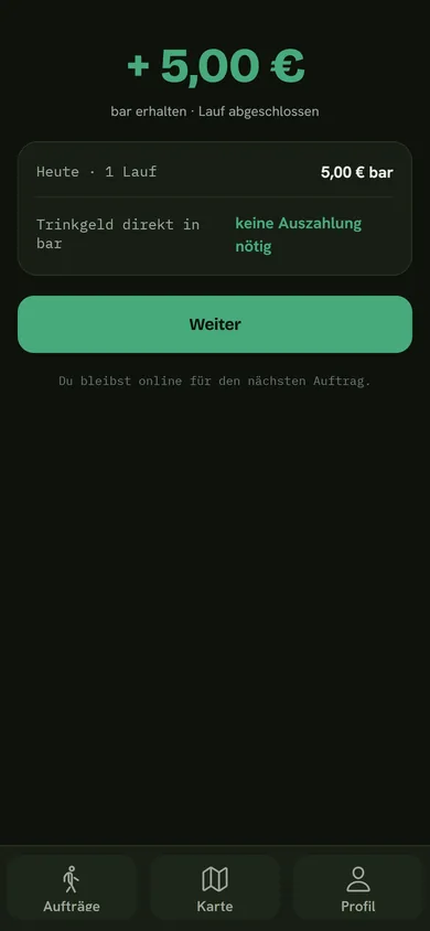 App (German UI): plus 5 euros in cash, run completed